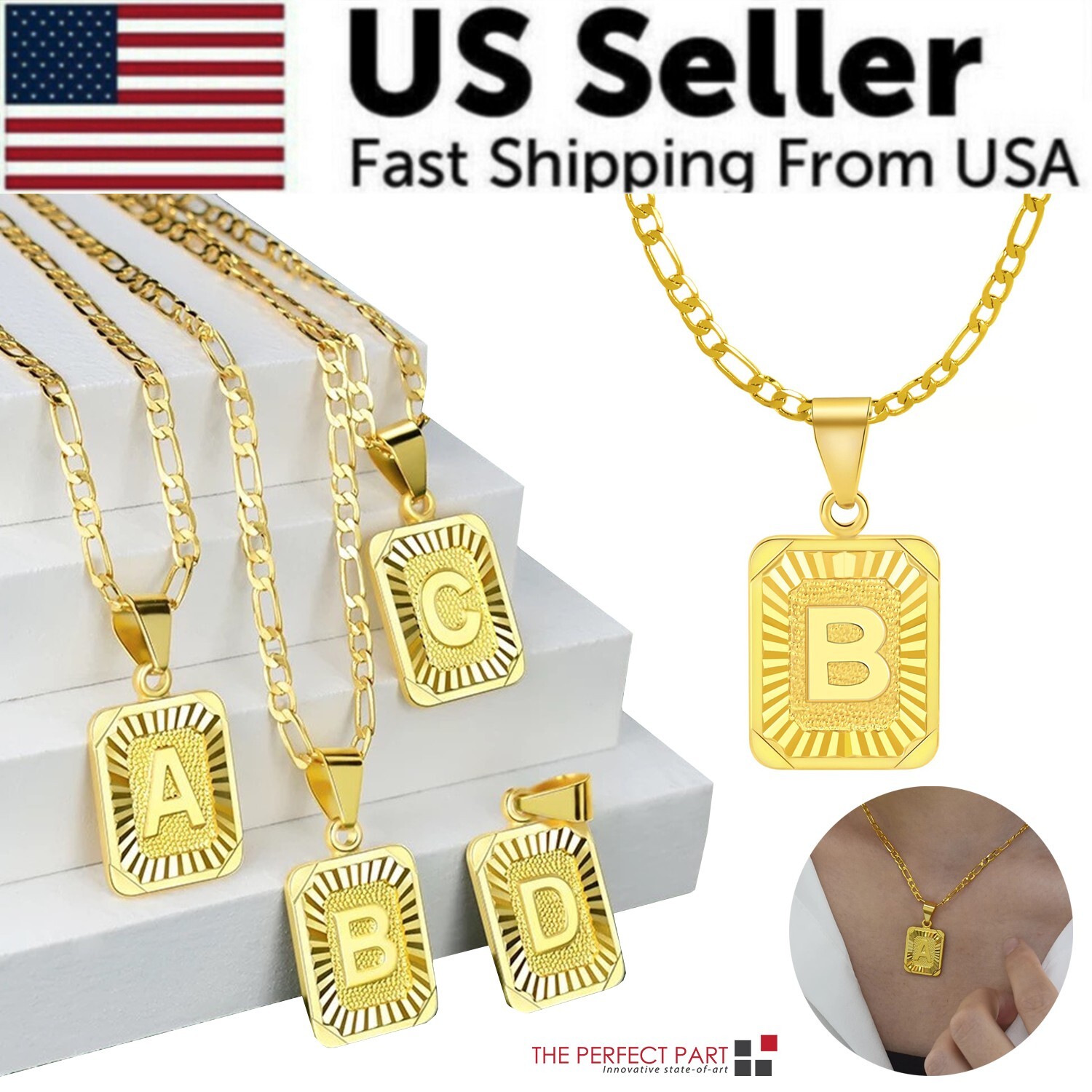 18″ Gold Plated Initial Letter Pendant Necklace Stainless Steel Figaro Chain