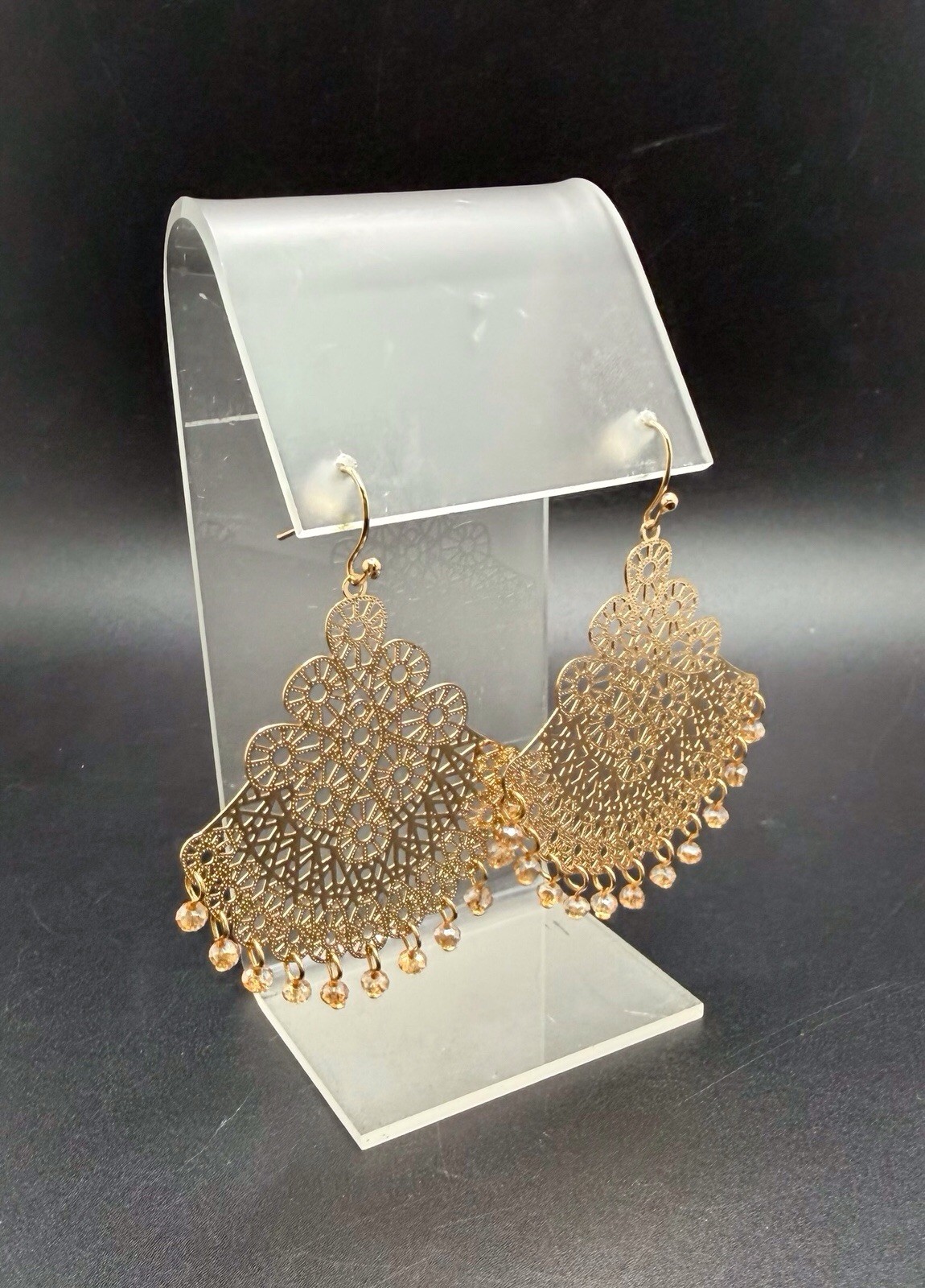Gold Tone Filigree Earrings Dangles With Bead Accents Hook Pierced Ears 2.25”
