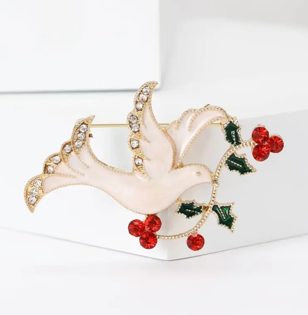 WHITE DOVE OF PEACE SIGN~EASTER ANGEL~ENAMEL & RHINESTONE PIN BROOCH~VINTAGE-D