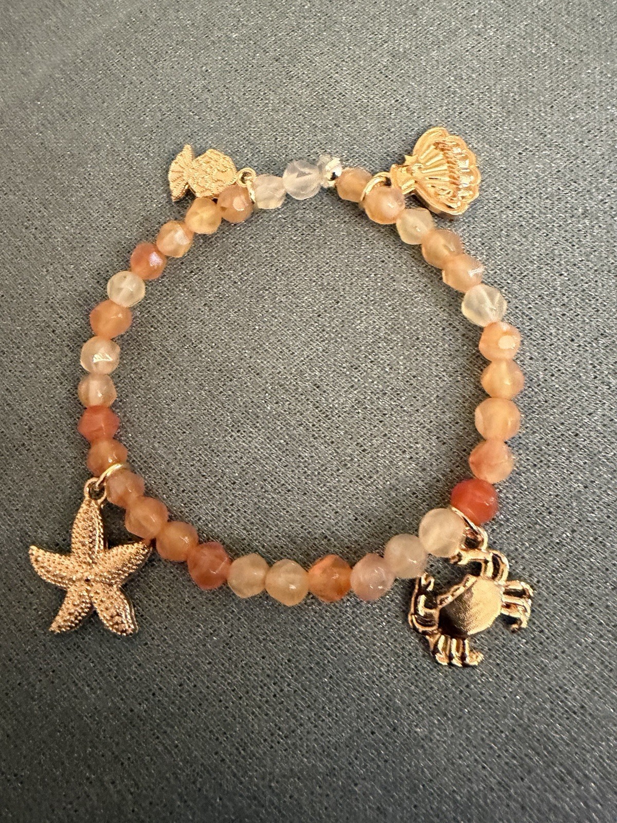 Multicolor Round Stone & Metal Beaded Charm Bracelet w/ Starfish Crab Shell