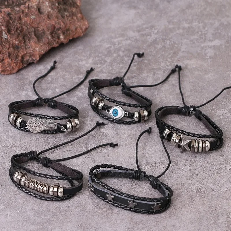 Gothic Bracelet Punk Multilayer Leather Set Skull Eye Star Charms Hiphop Rock
