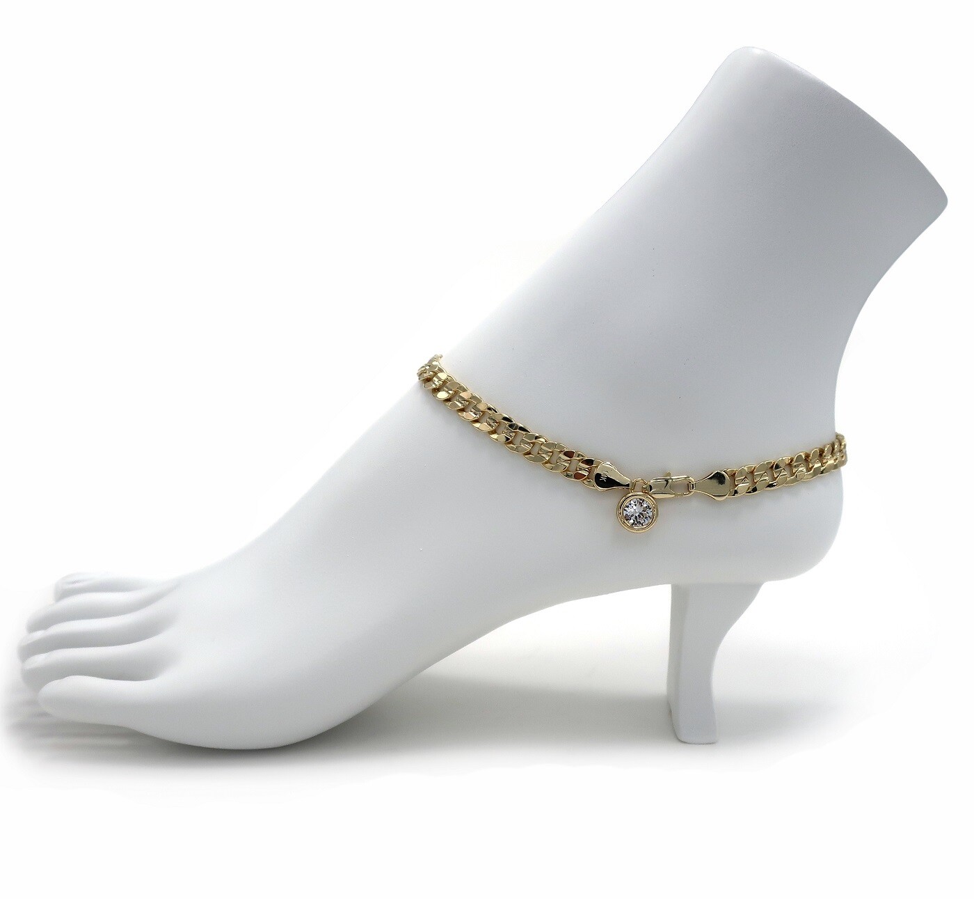 6mm CONCAVE CUBAN LINK CHAIN ANKLET CZ ANKLE BRACELET 14K GOLD PLATED
