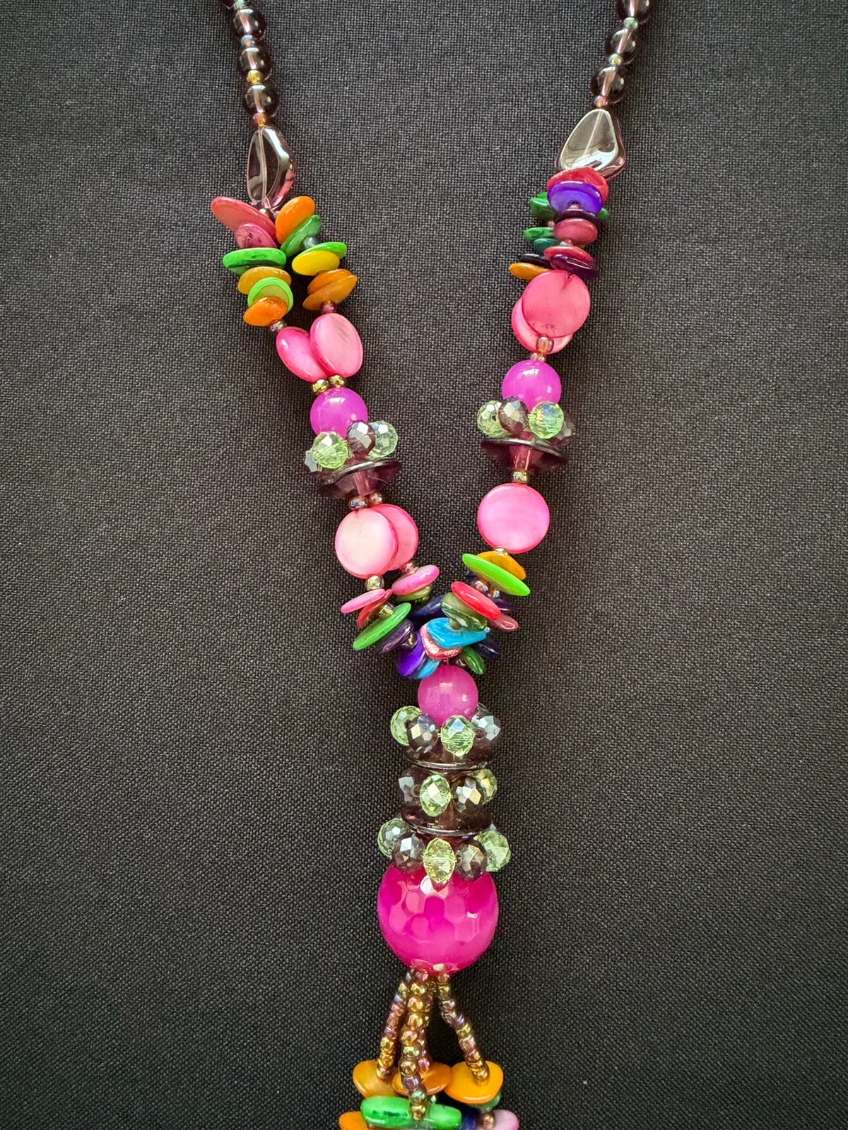 Handmade Rainbow Mixed Multicoloured Long Beaded Tassel Pink Statement Necklace