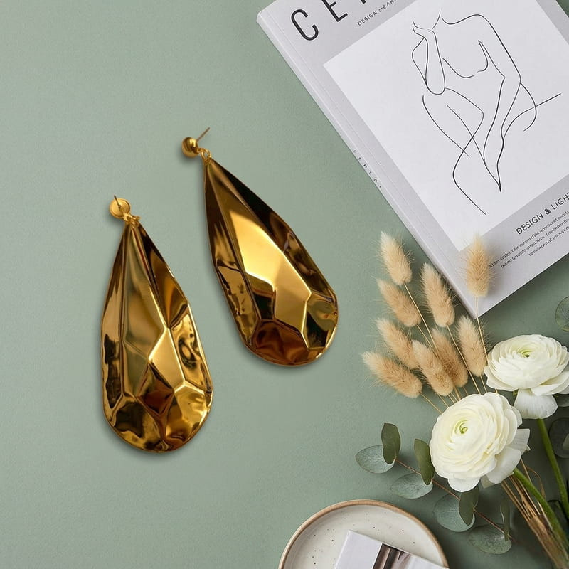 Geometric Gold Drop Earrings Textured Teardrop Dangle Statement Earrings S925