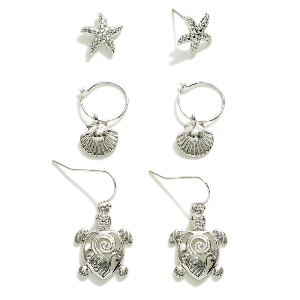 Cute Silver Beach theme 3 Pair Earrings Set
