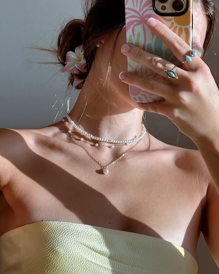 14K Gold Plated Pearl Necklace Set – Adjustable Layered Jewelry for Bridesmaids