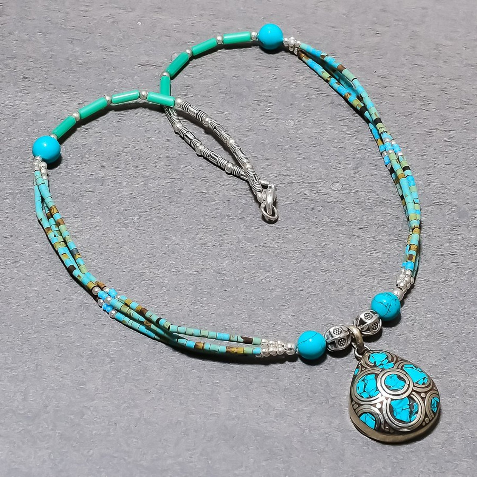 Turquoise Gemstone Necklace Handmade Tibetan Nepali Beaded Jewelry 18″ NA 755