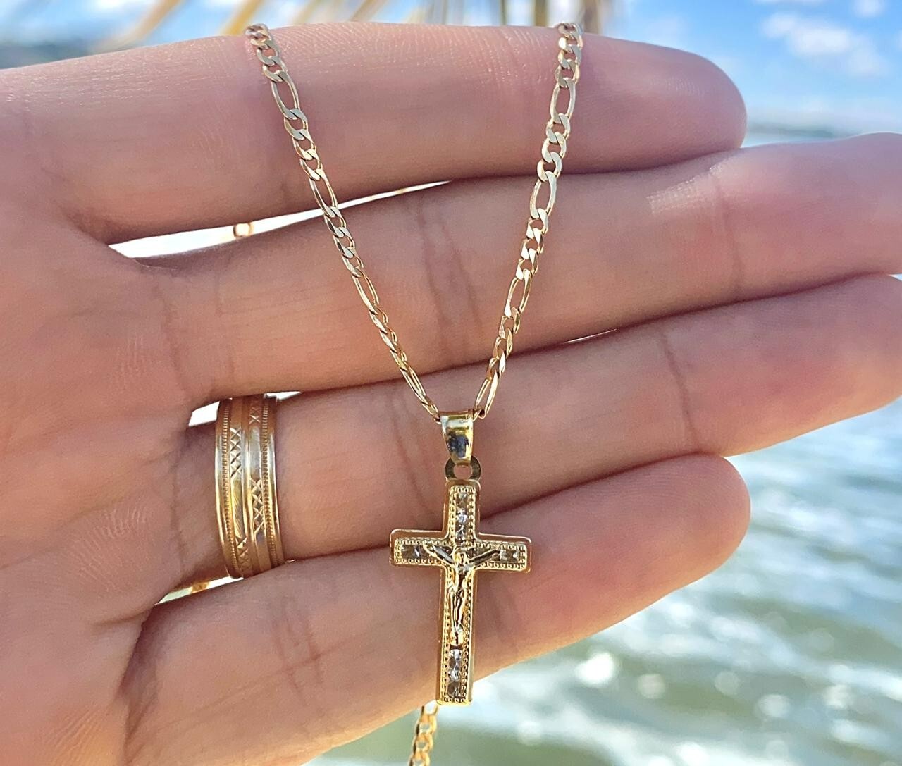 14K Gold Filled CZ Cross Necklace Charm Crucifix Women Men Kid Baby Figaro Chain