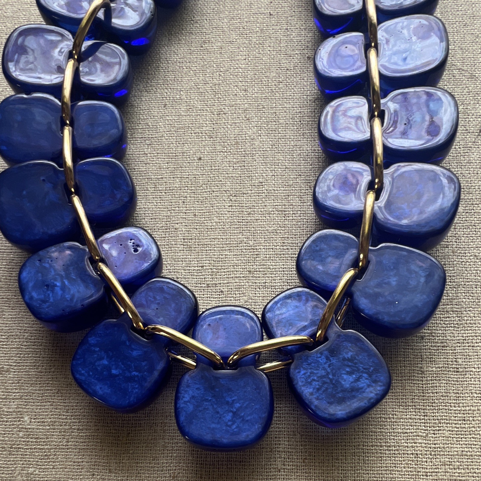 Vintage Royal Blue Acrylic Lucite Gold Tone Statement Necklace