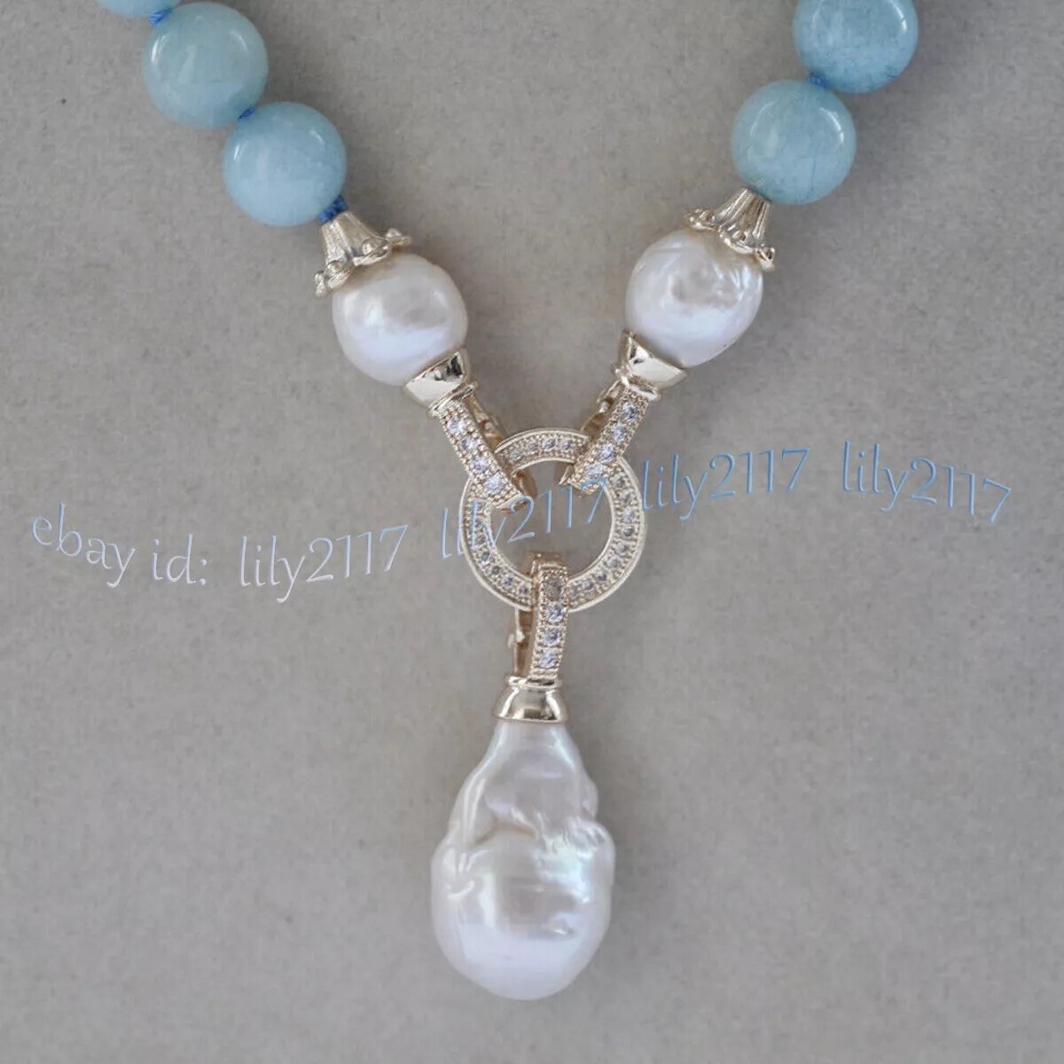 Natural Blue Aquamarine Gems Beaded White Keshi Baroque Pearl Pendant Necklace