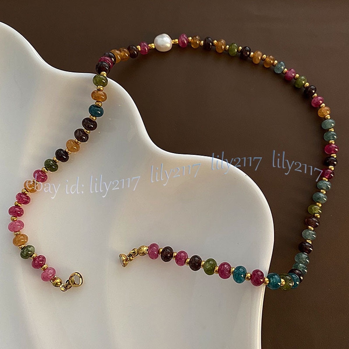 Natural Colorful Tourmaline Rondelle Gemstone Beads White Pearl Necklace 14-48”