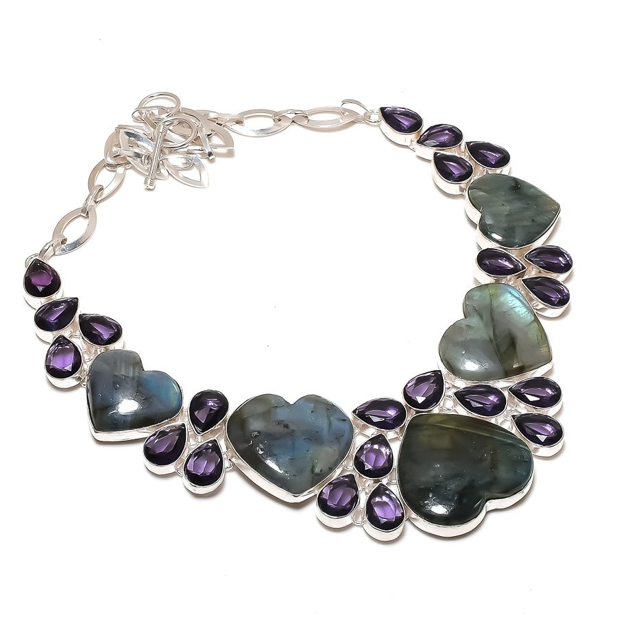 Blue Fire Labradorite Amethyst Gemstone Jewelry Handmade Necklace 18″ SR 4043