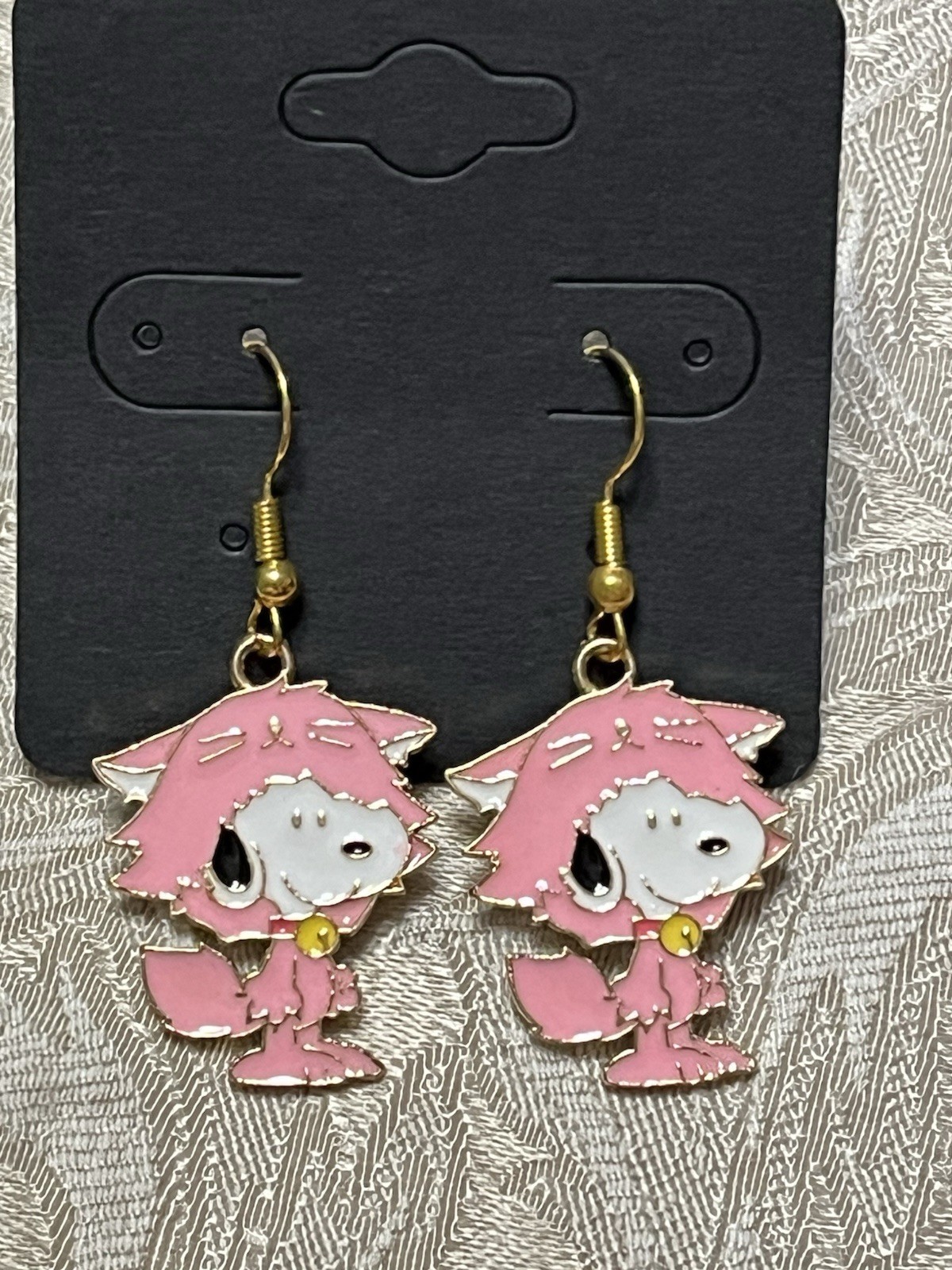 Snoopy Cat Costume Gold Loop Enamel Dangle Adorable Boho Trendy Earring Set