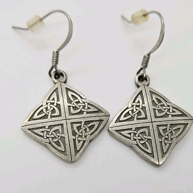 Danforth Earrings Fine Pewter Usa Pierced Dangle Celtic Cross 1.5 in Vintage