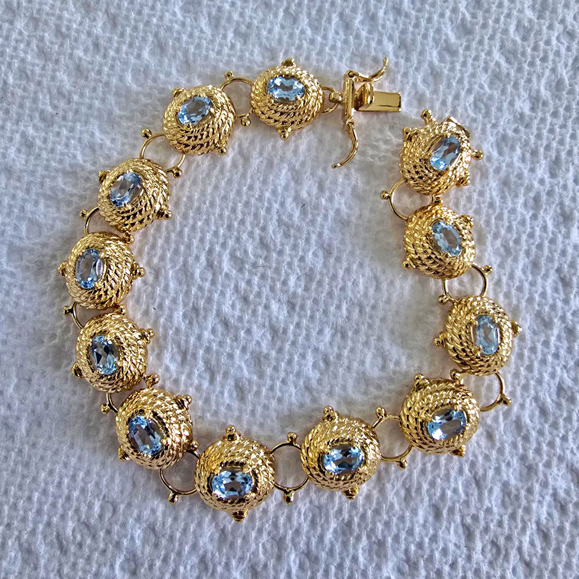 Gold Tone Link Bracelet Oval Blue Topaz Stones