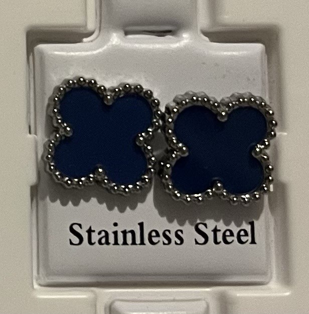NEW Stainless Steel Black and Silver Clover Flower Shape Pushback Earrings