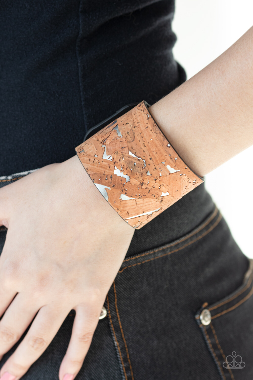 Paparazzi Cork Congo -Silver – Black Leather Band – Wrap / Snap Bracelet