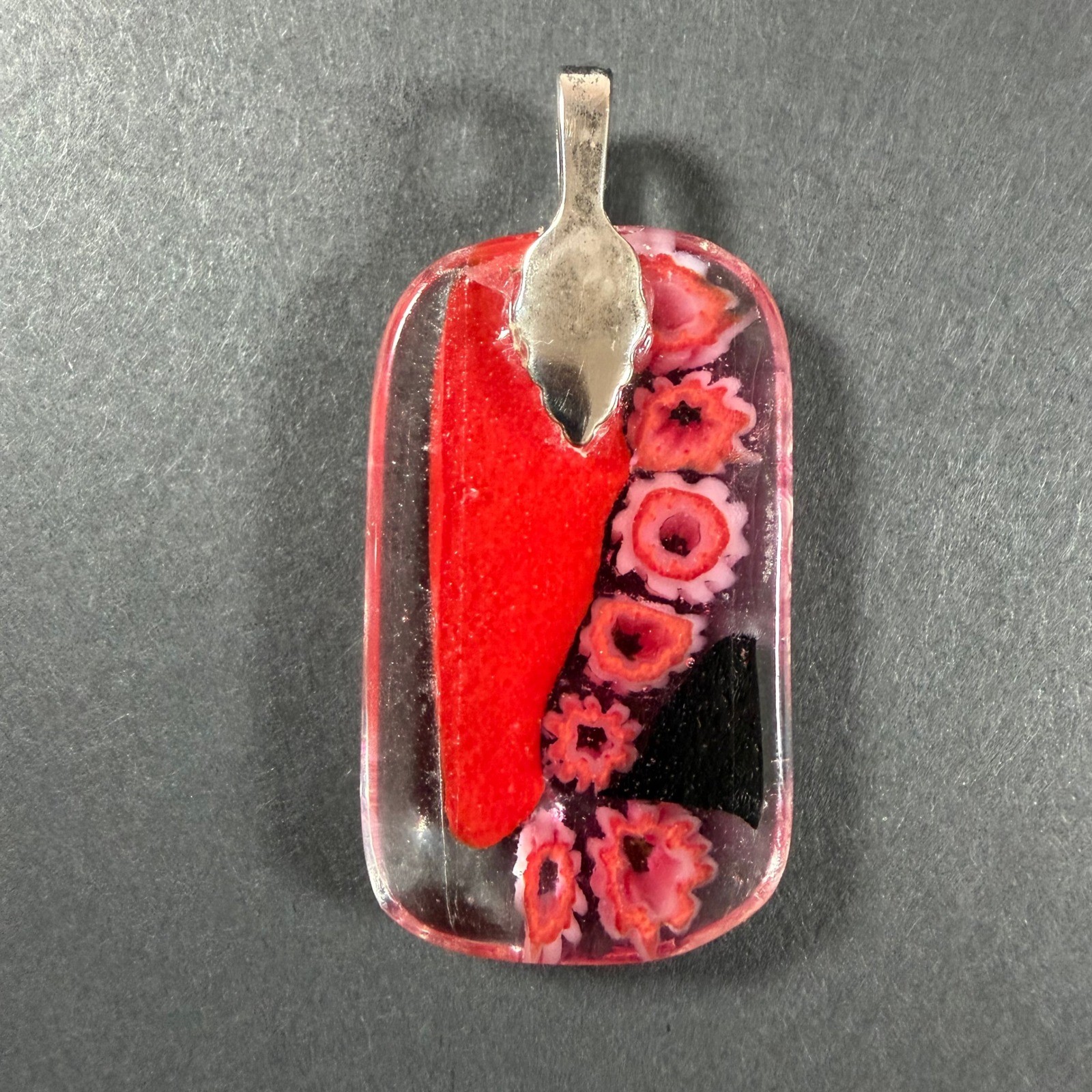 Millefiori Dichroic Glass Pendant Red Black Floral Artistic No Chain