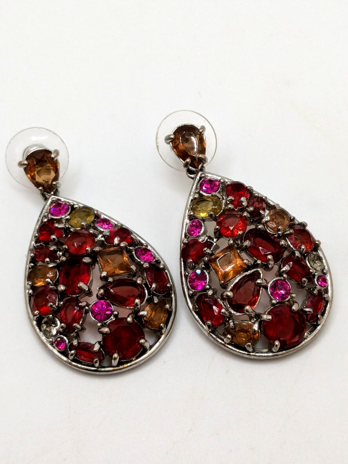 Vintage Carolee Open Back Multicolor Crystals Teardrop Pierced Earrings 2″