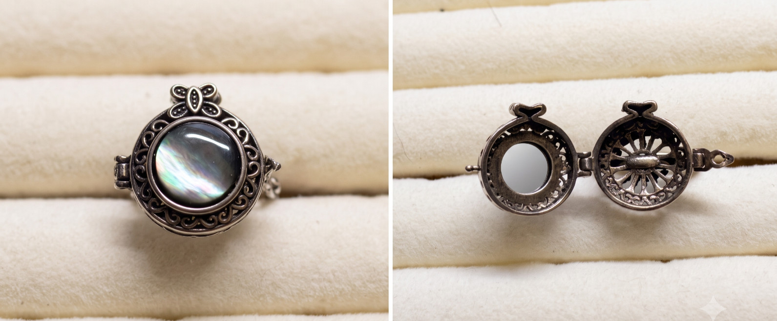 Vintage Style Locket Poison Ring Black Mother of Pearl Shell Adjustable O -US 7