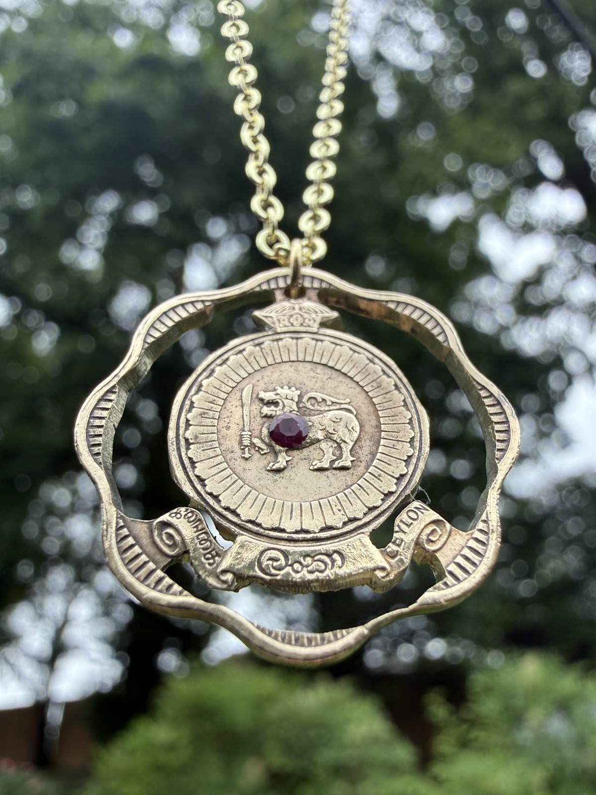 1960s Ruby Sri Lanka Ceylon 10 Cents Coin Pendant Unisex Necklace.