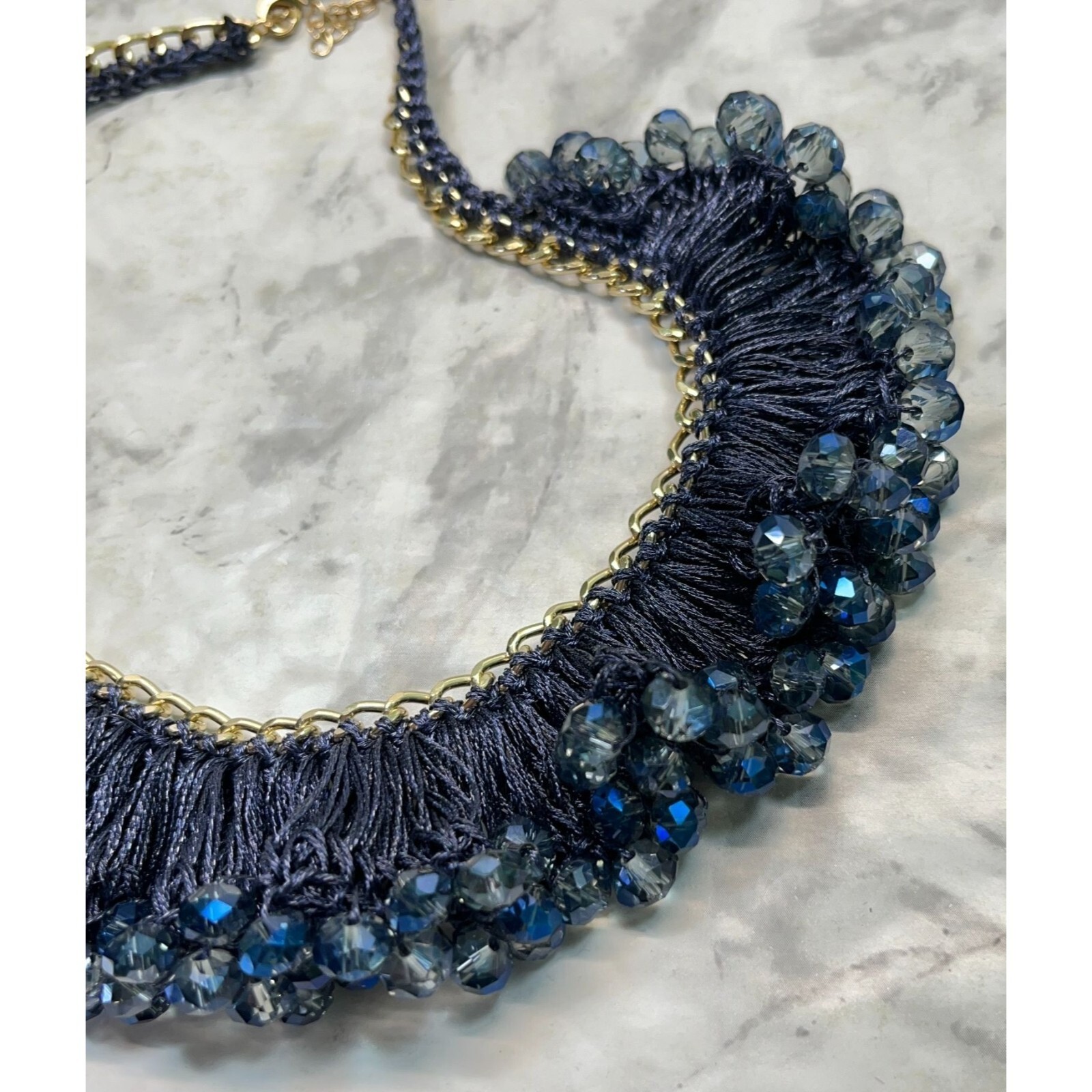 Vintage Blue Beaded Necklace Choker Crochet Bib Silver Tone 14″ Long