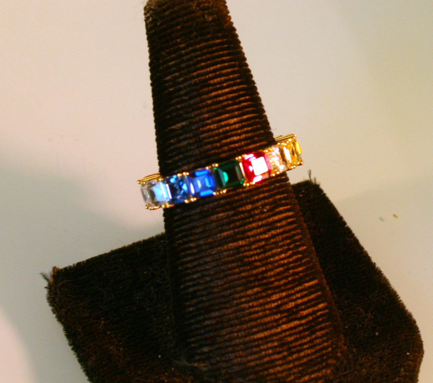 Gold plated multi color square Cubic Zirconia 4mm Band Ring Size 8