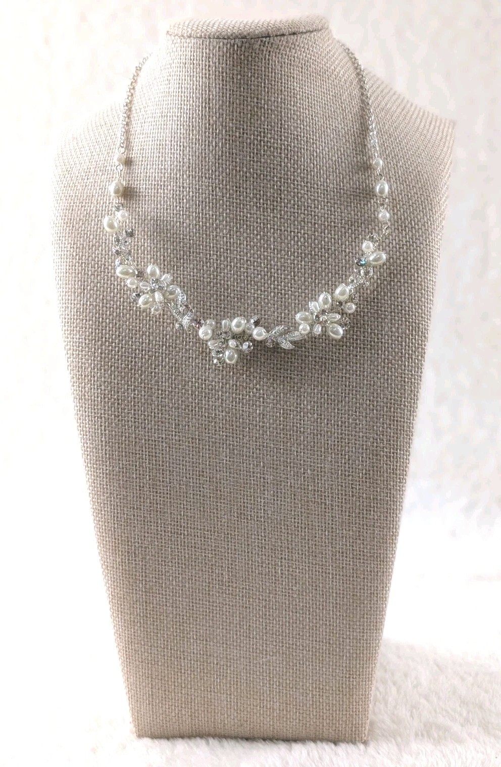 Pearl & Crystal Floral Statement Necklace Silver Tone Bridal Formal