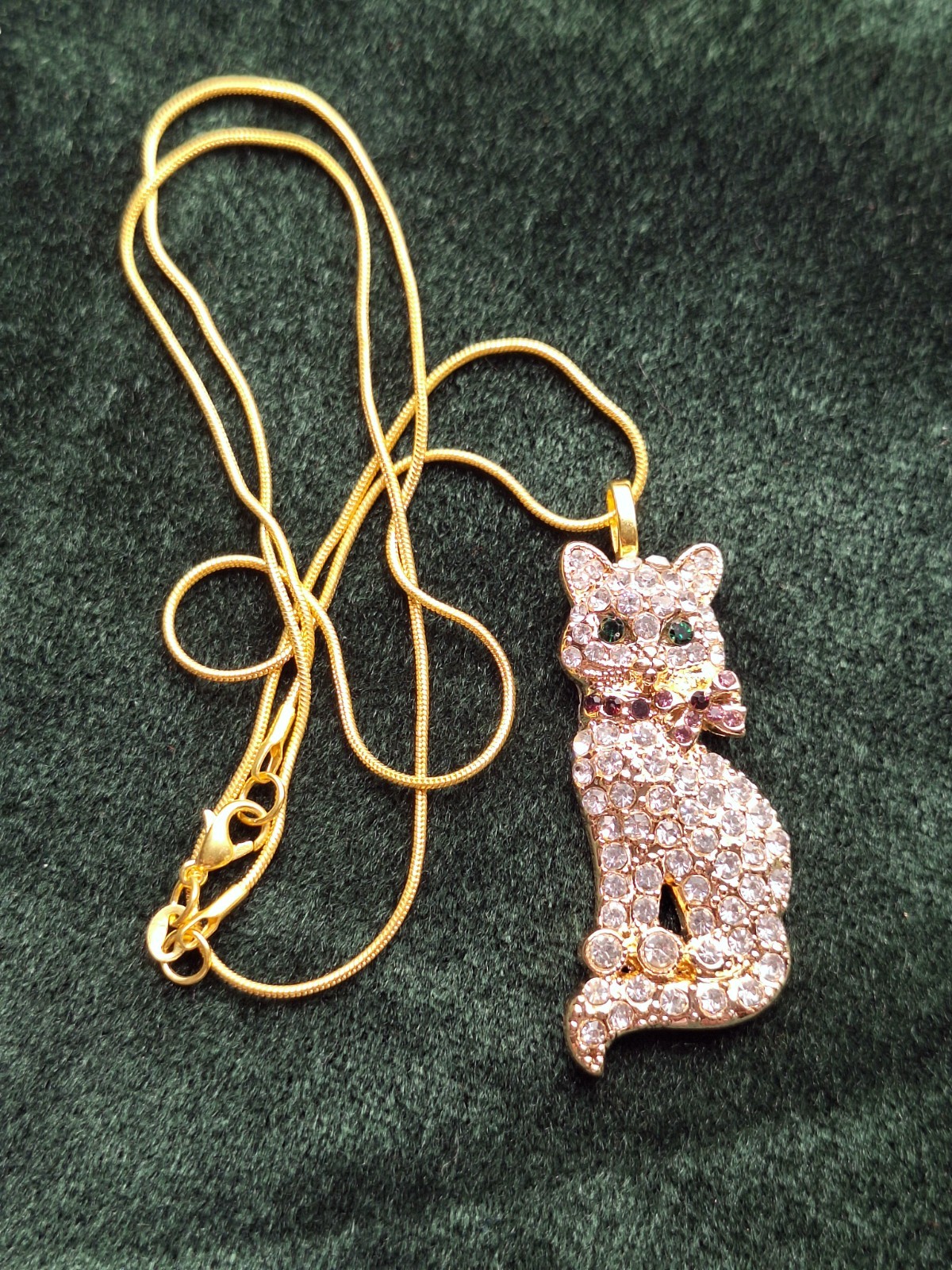 Monet Sparkly Rhinestone Cat Pendant on 18KGP Snake Chain – Refurbished