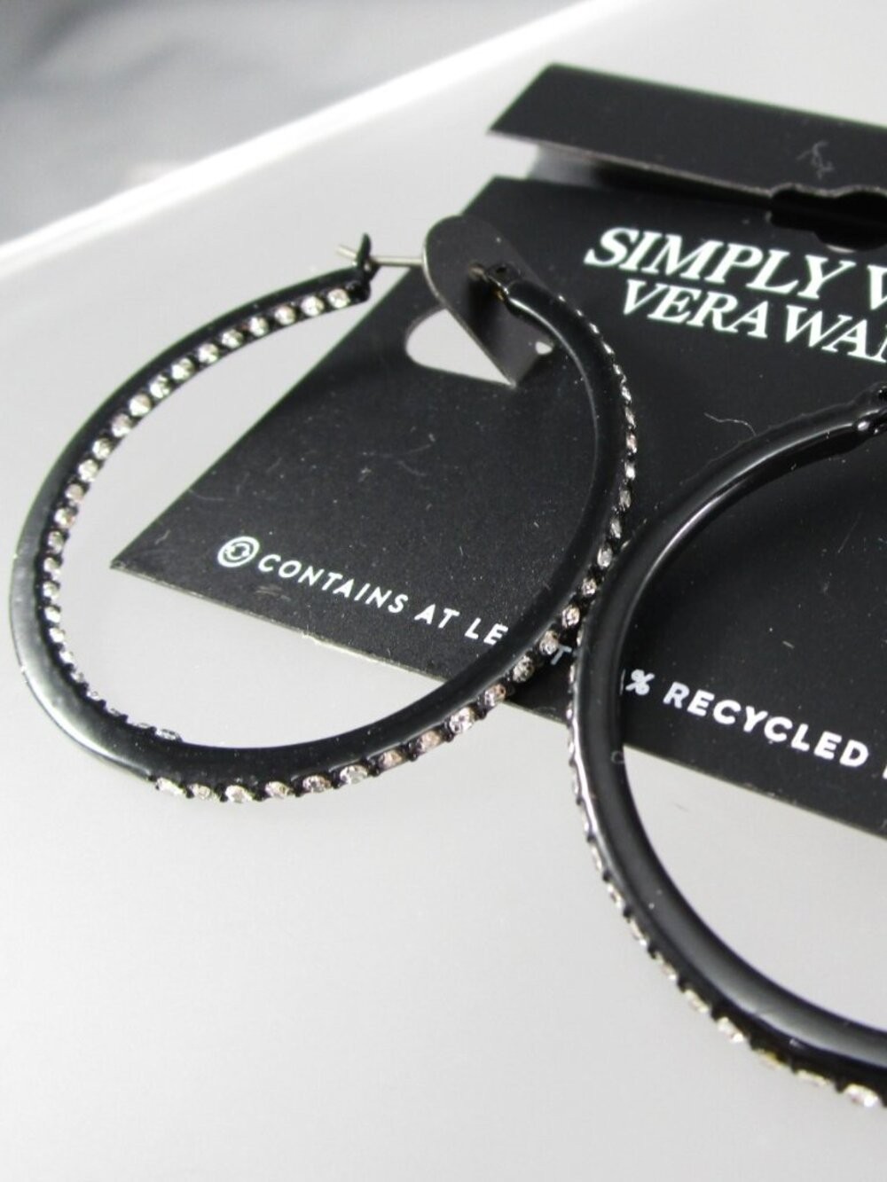 VERA WANG Rocker Chic Black Clear Crystal 1.5″ Hoop Earrings**NEW!
