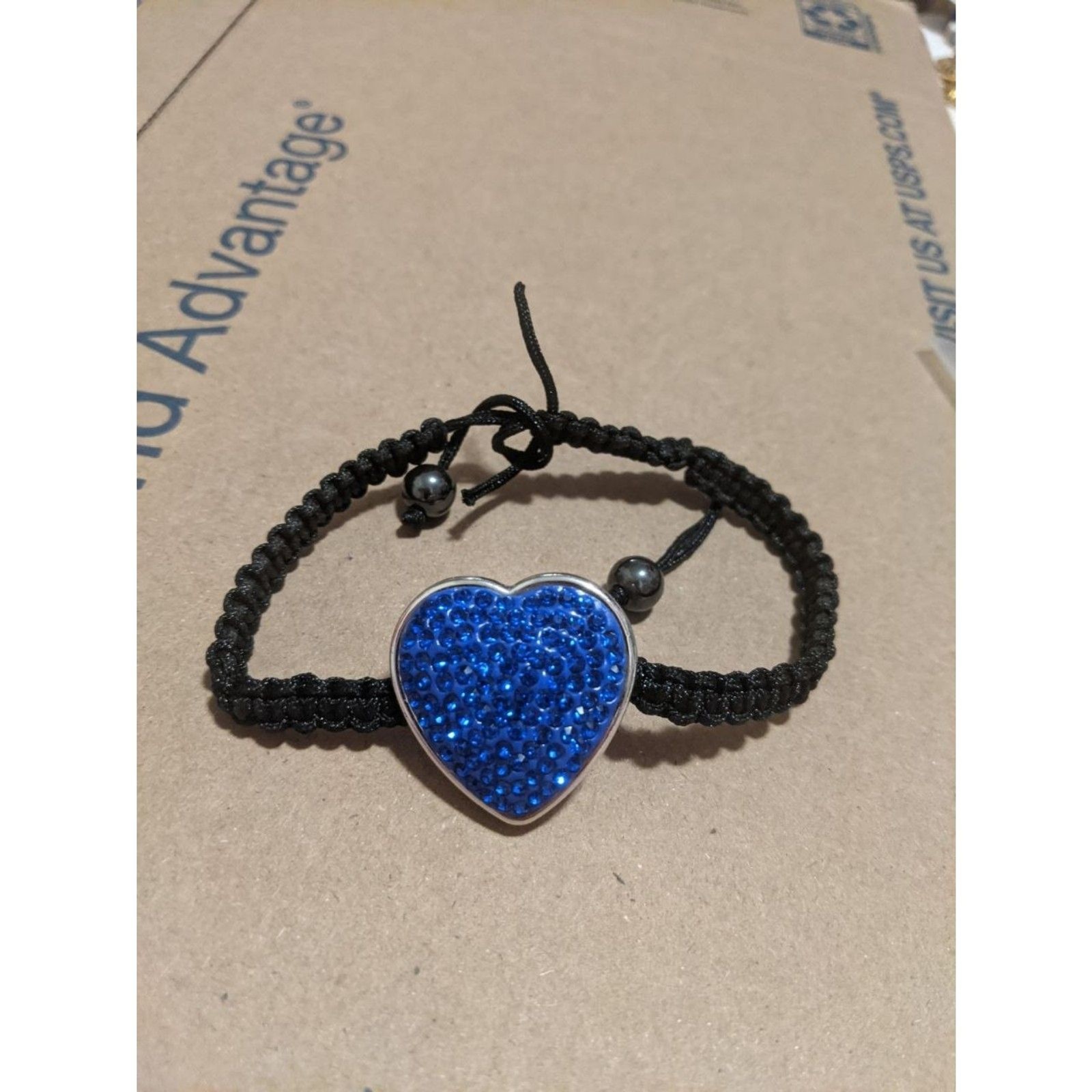 Blue Rhinestone Heart Macrame Sliding Knot Bracelet