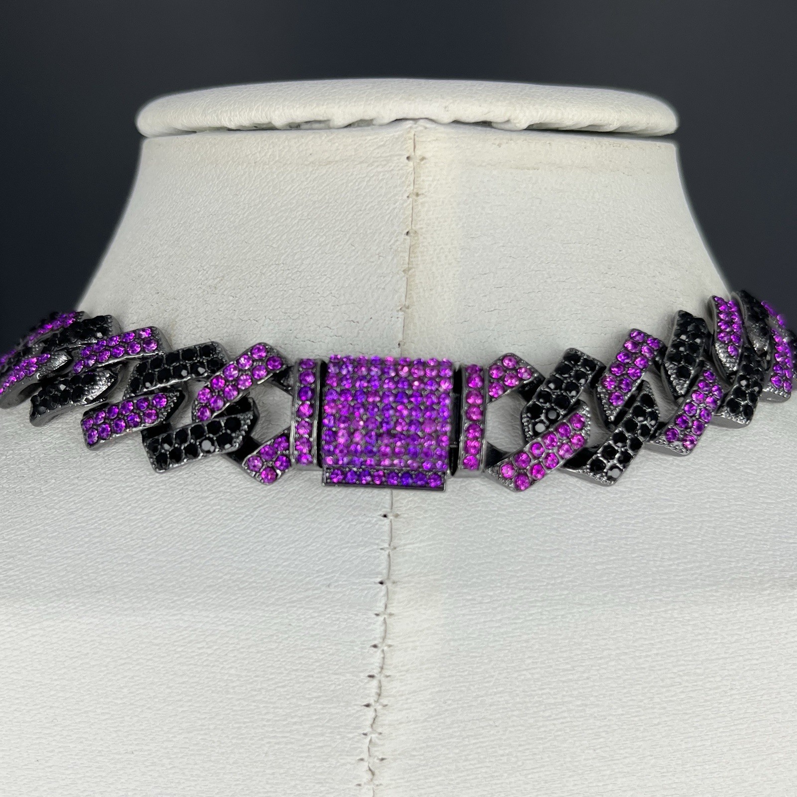 Flat Cuban Link Chain Necklace Black Purple Pave Crystal Gunmetal Wide Choker