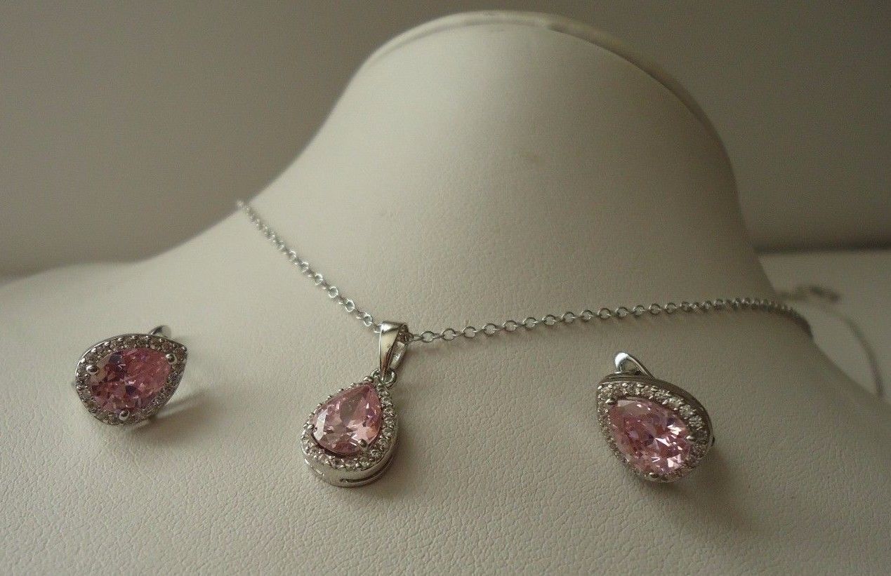 PENDANT & EARRING SET 7.20 CT PINK/ WHITE LAB CREATED DIAMONDS STERLING SILVER