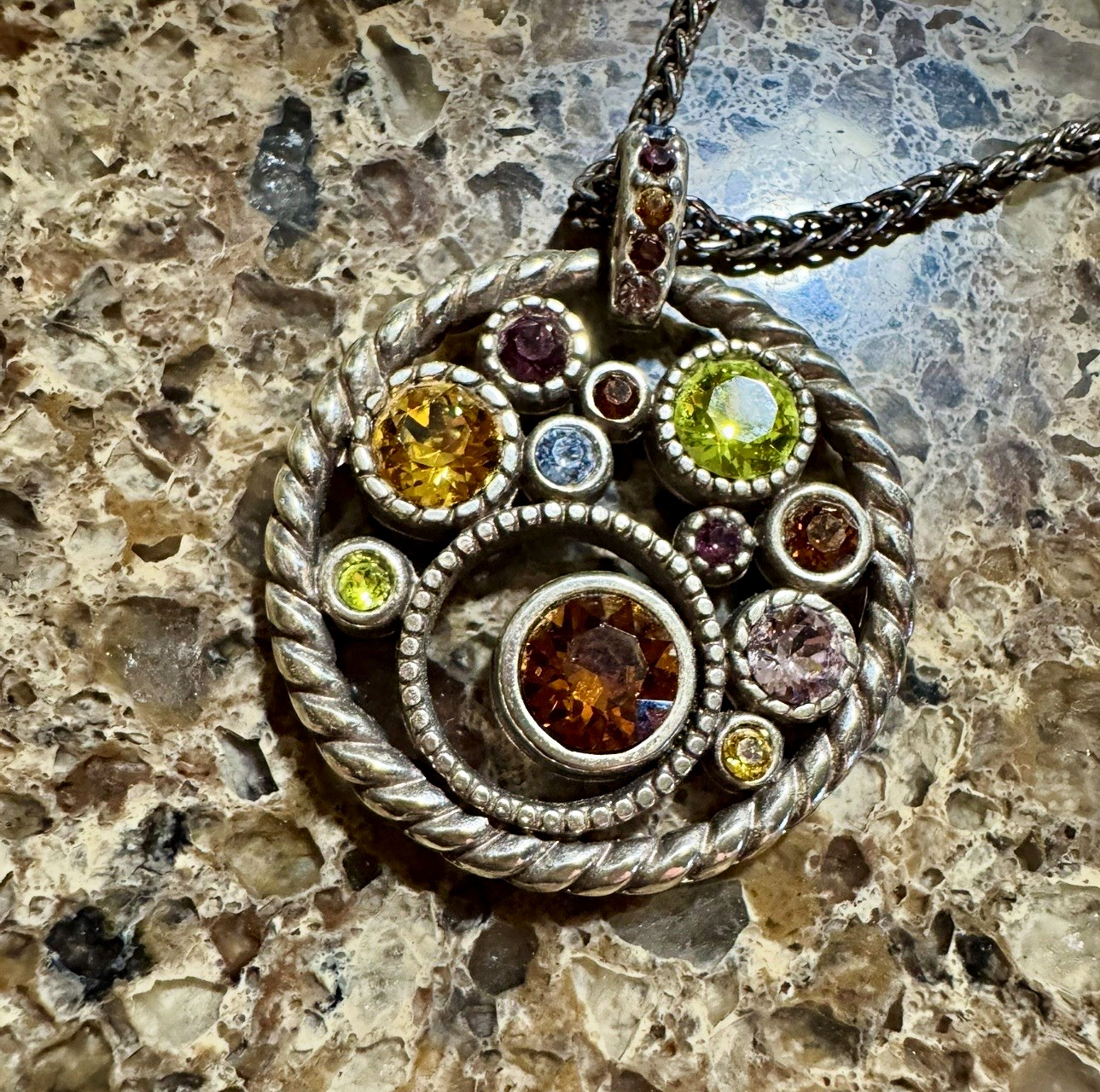 Brighton Signed Silver Plated Round Multicolor Crystal Pendant Rope Necklace