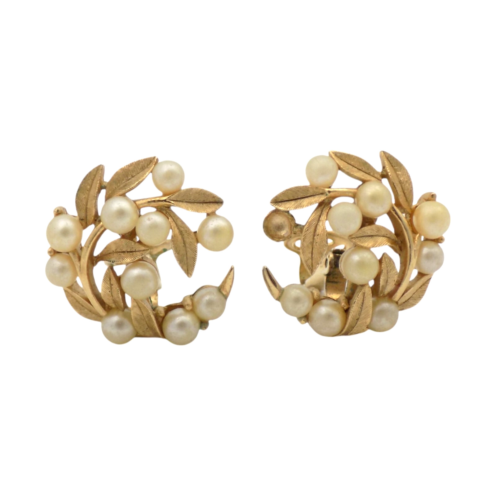 VINTAGE 1950’s TRIFARI LEAVES PEARL CLIP ON EARRINGS 11.3GR #1007