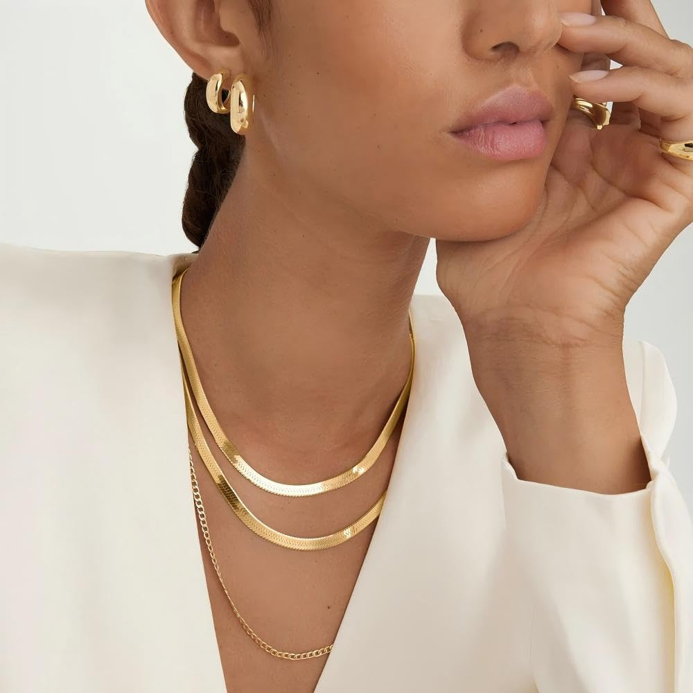 14K Gold Plated Herringbone Necklaces for Women, Dainty Gold Snake Choker Chain