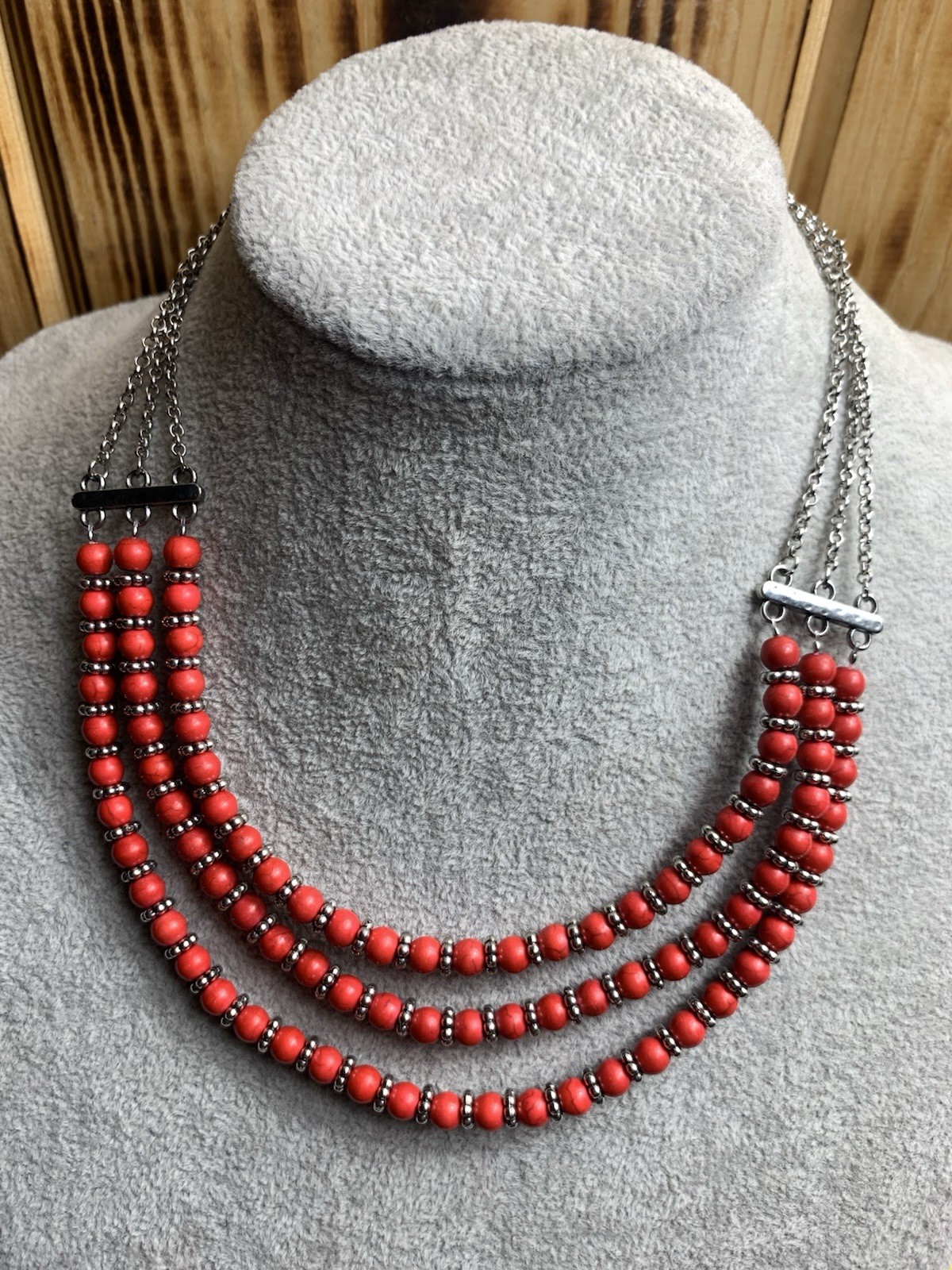 Red Multi Strand Beaded Necklace Silver Tone Adjustable 16-22 Inch