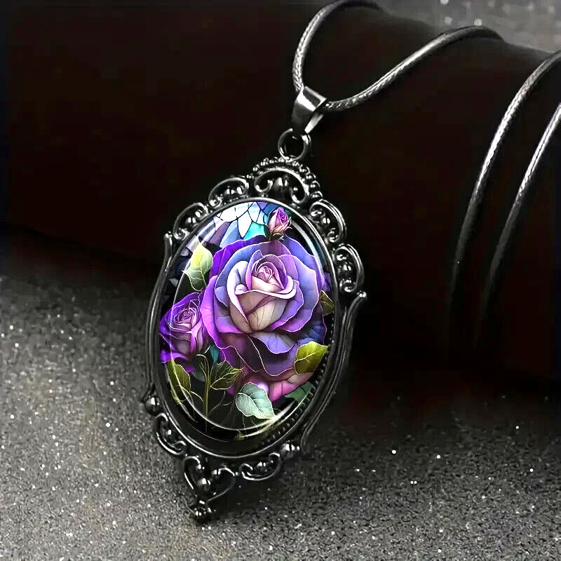 Vintage Purple Rose Necklace Gothic Pendant Fashion Jewelry Women Girls Gift