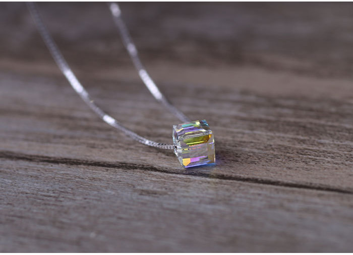 925 Sterling Silver AB Austrian Crystal Cube Square Pendant Necklace 18″ Gift A6