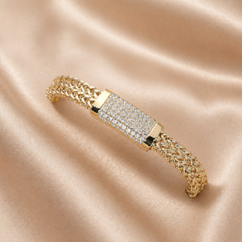 CZ Pave Bar Textured Mesh Chain Magnetic Bracelet – Gold Bold Elegance