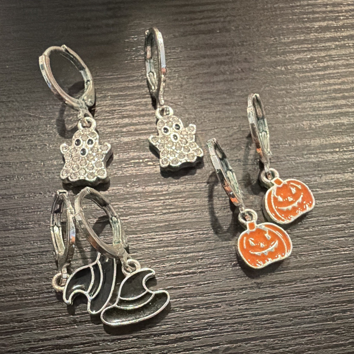 Halloween Charm Dangle Earrings Lot of 3 Pairs Silver Orange Metal Enamel