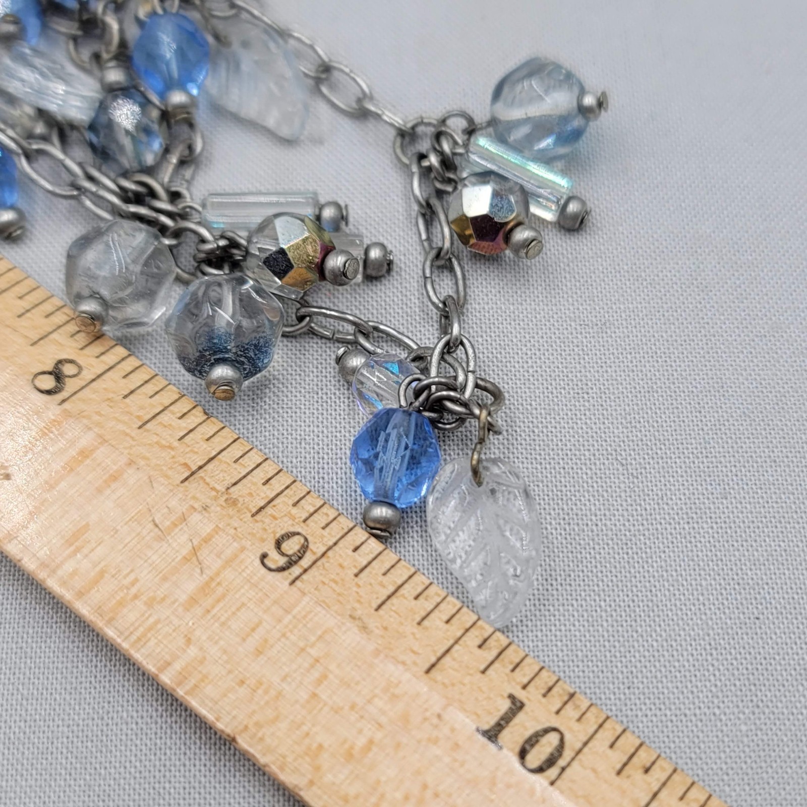 Blue & Clear Glass Bead Necklace Silver tone Triple Chain Layered 18″ adjustable