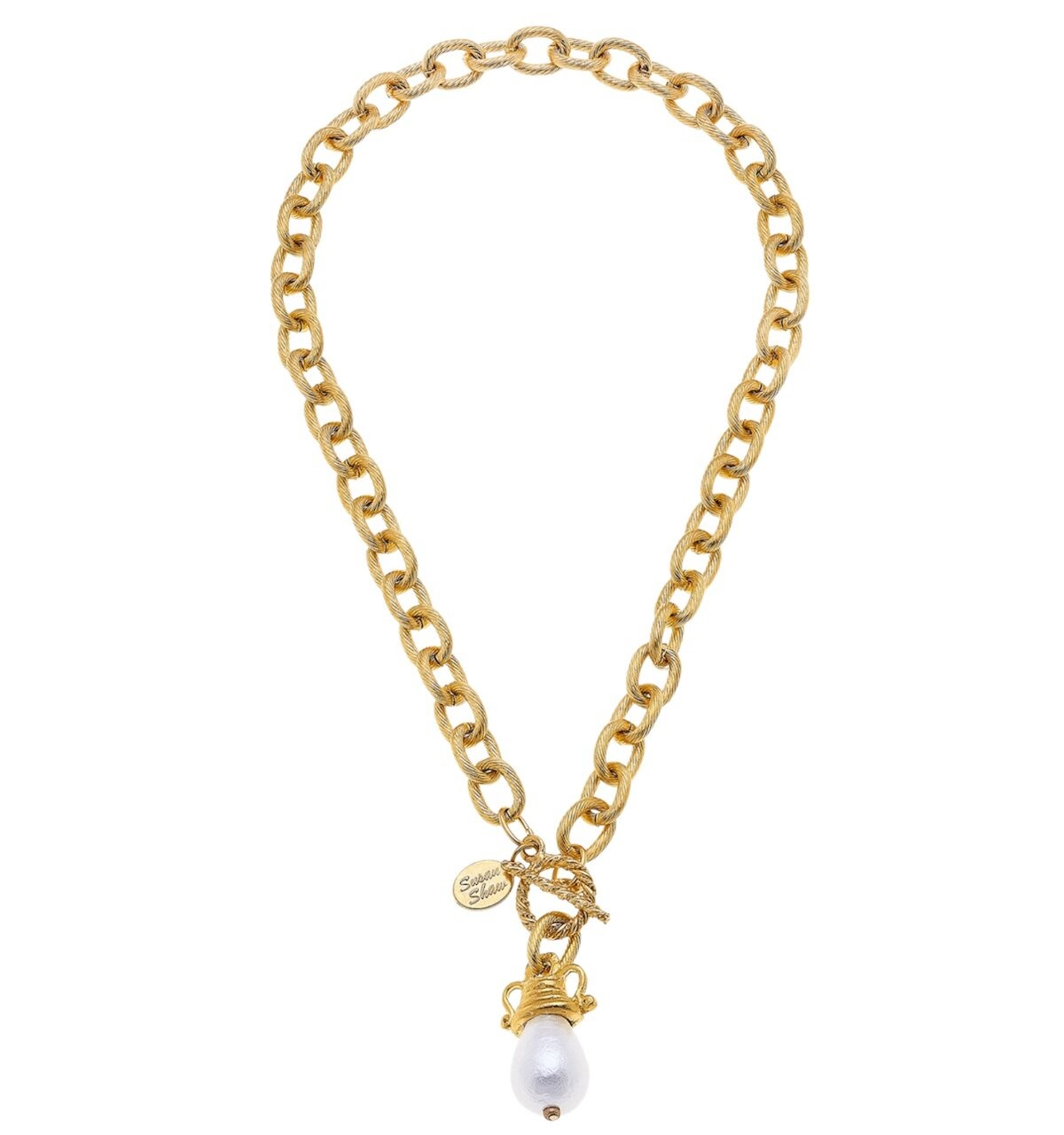 Susan Shaw Necklace Gold Filigree Pearl Loop Toggle Chain Jewelry 24k TPG