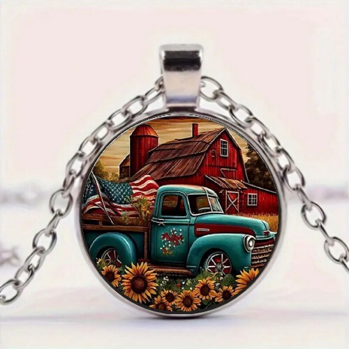 Truck Sunflower Round Pendant Necklace