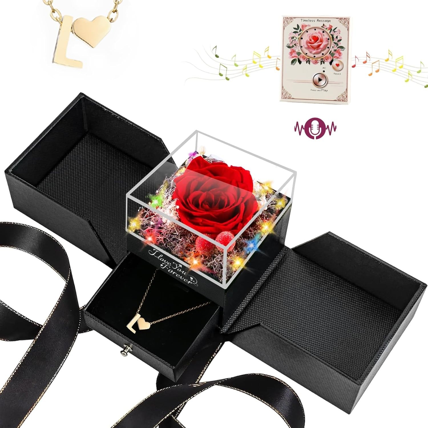 MoKasi Preserved Red Real Rose with Necklace L Auto LED Lights Perfect Gift Idea