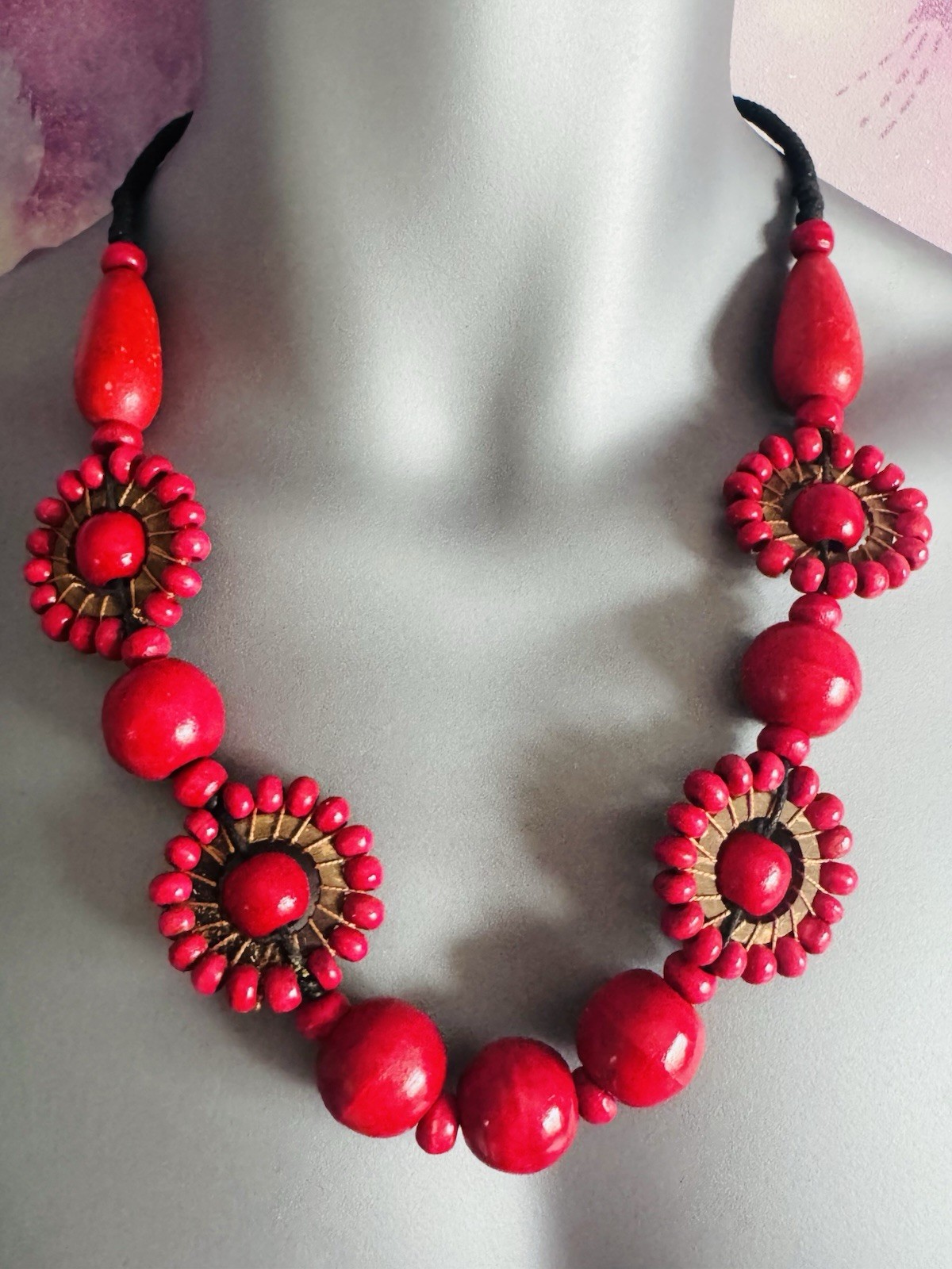 Avalaya Ethnic Red Wood Bead Black Cord Necklace