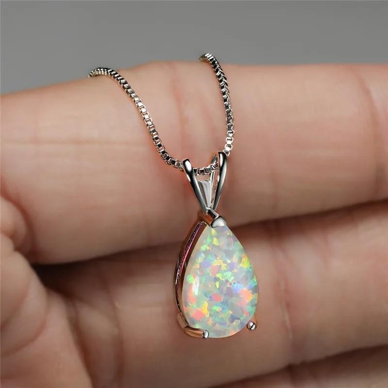 White Opal Stone Pendant Minimalist Droplet Fire Opal Necklace Sterling Silver