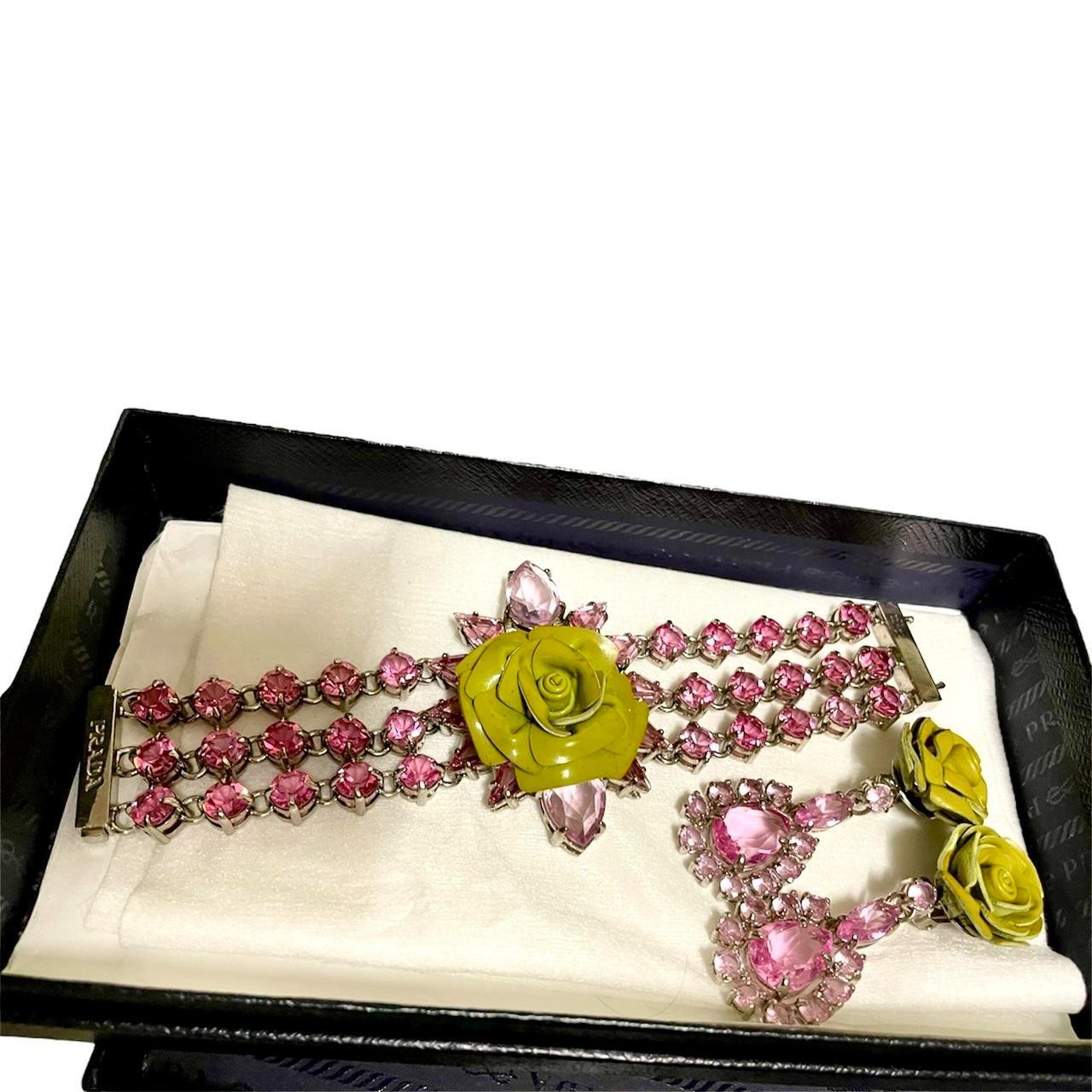 Prada S/S 2012 Green Patent Leather Rose Pink Rhinestone Bracelet & Earrings Set
