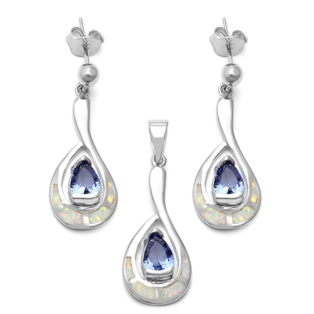 Tanzanite Cz & Lab created White Opal .925 Sterling Silver Jewelry Set