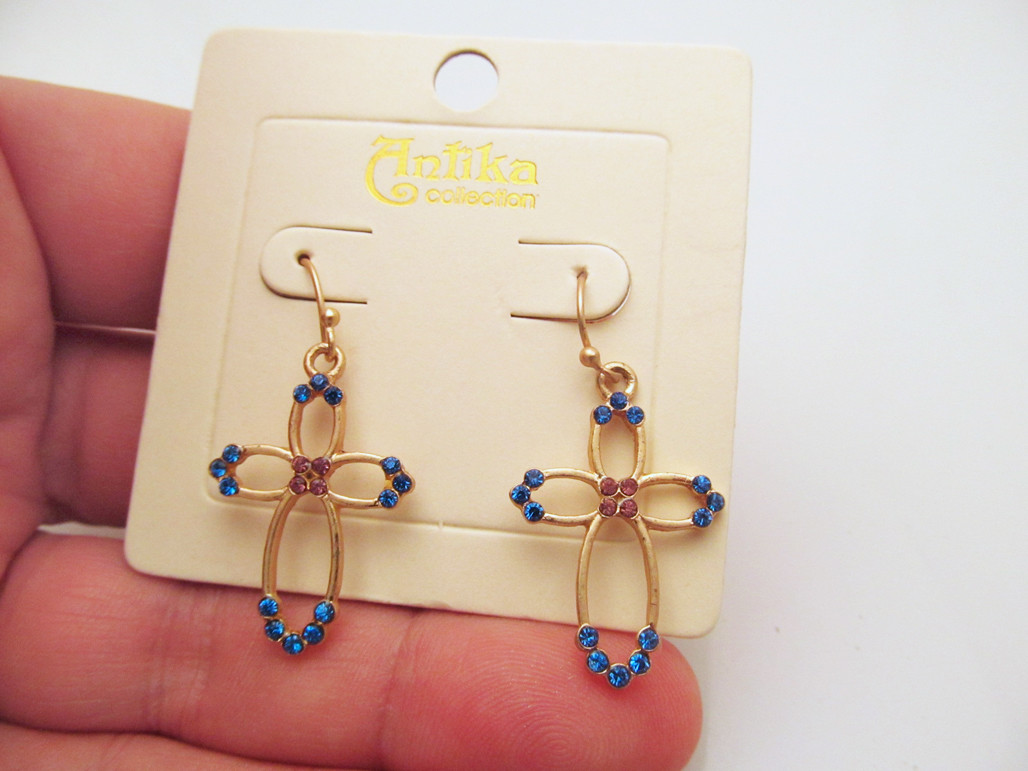 *NEW Gold Tone Cross Pierced Earrings Blue & Purple Crystals by Antika